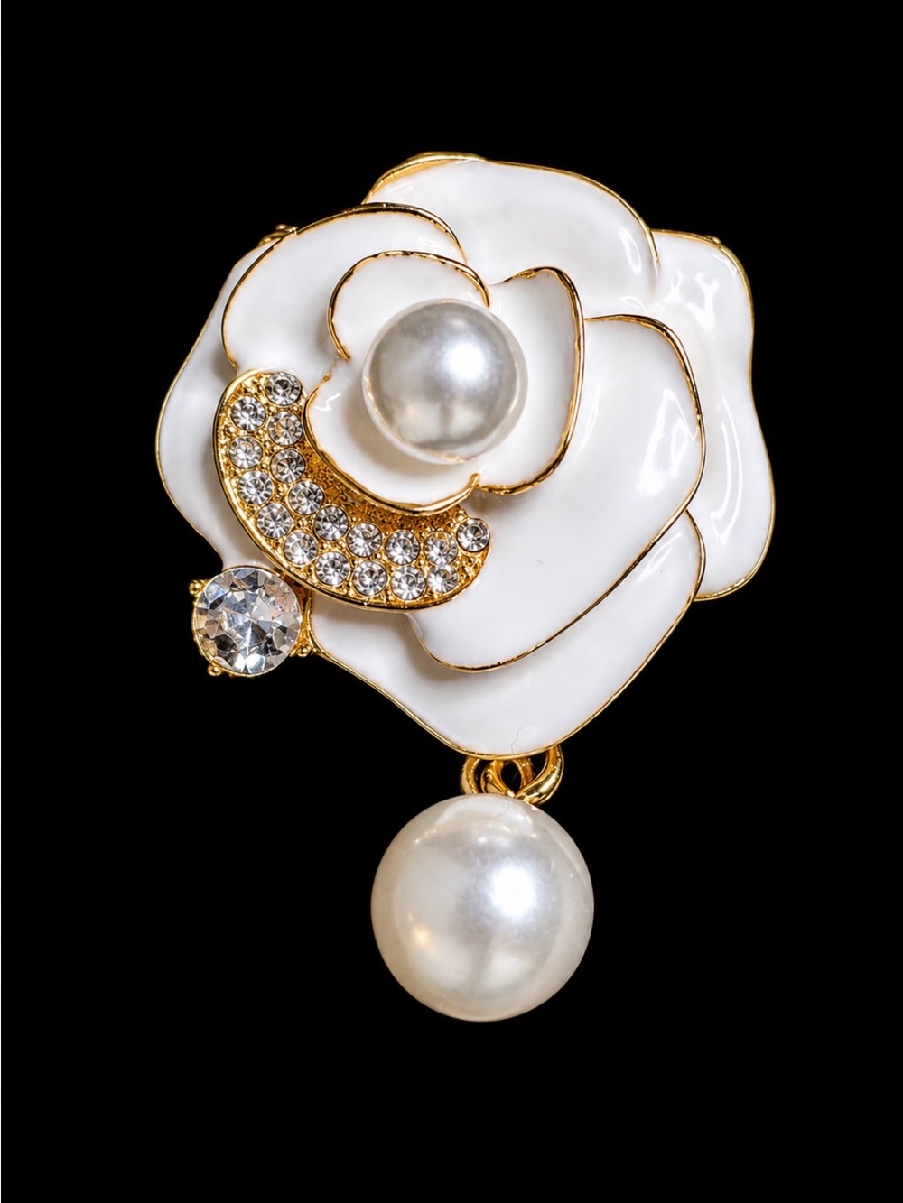 White Enamel Flower Pearl Drop Brooch with Crystal Accents